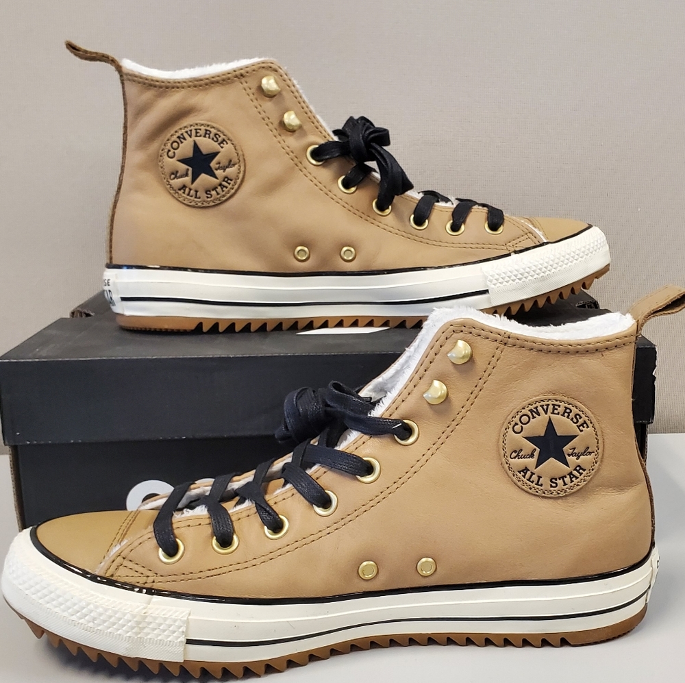 Tan Leather fur-lined Converse Chuck Taylor high tops